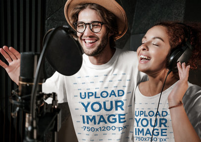 T-Shirt Mockup Featuring Two Singers at a Studio