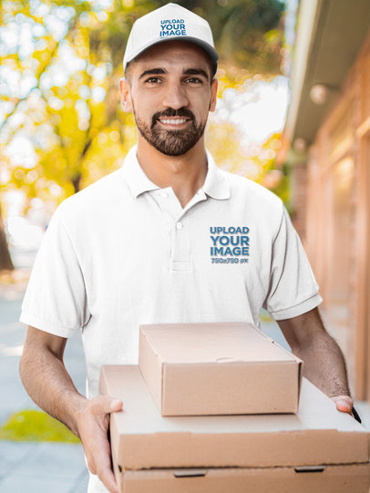 Polo Shirt Mockup Featuring a Delivery Guy with a Hat 44187-r-el2