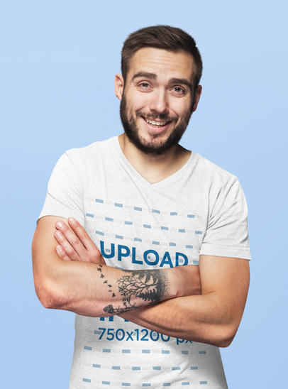 Heather V-Neck T-Shirt Featuring a Happy Man With an Arm Tattoo at a Studio