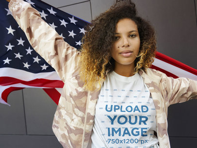 T-Shirt Mockup of a Patriotic Woman Waving a Flag