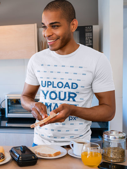 T-Shirt Mockup Featuring a Man About to Eat Breakfast