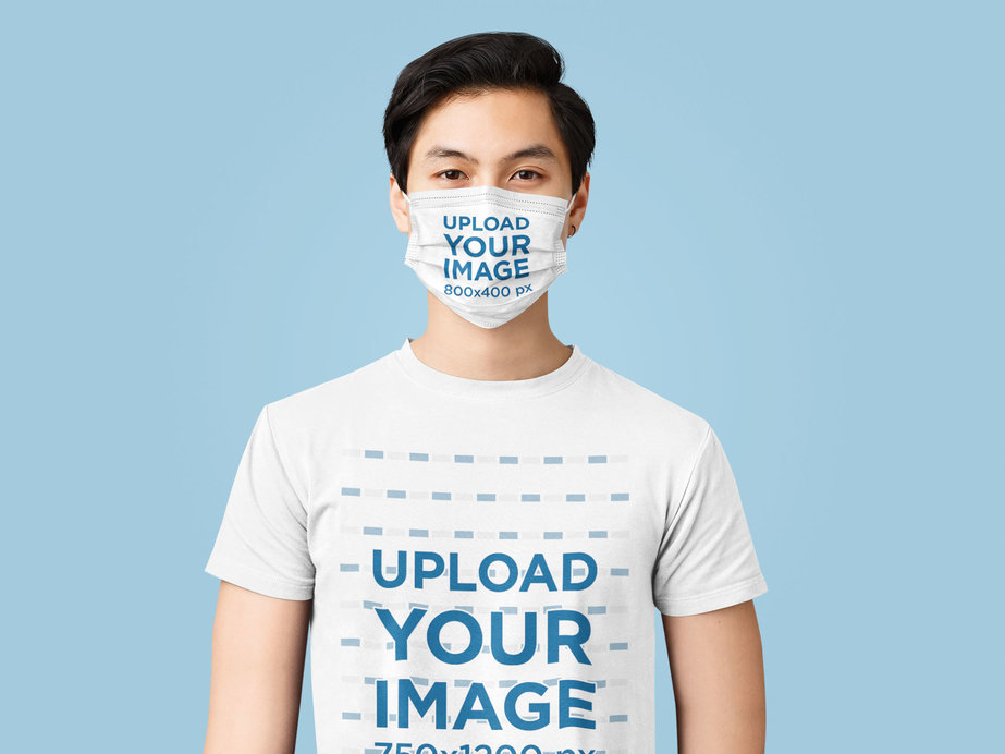 Face Mask Mockup of a Serious Man Wearing a Customizable Crew Neck T-Shirt