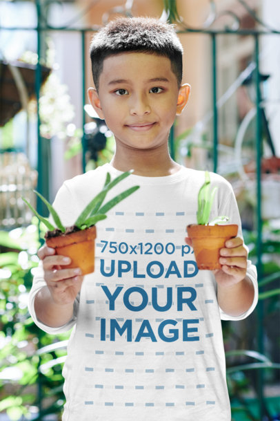 Long Sleeve T-Shirt Mockup of a Boy Holding Two Plant Pots 43258-r-el2