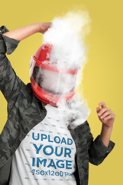 T-Shirt Mockup of a Woman with Smoke Coming out of Her Helmet 
