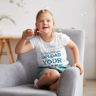 T-Shirt Mockup of a Girl Playing with Bubbles at Home