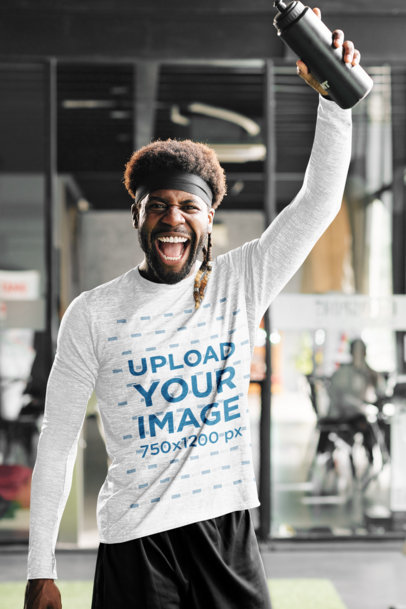 Long-Sleeve Tee Mockup of a Man Excited During a Workout 