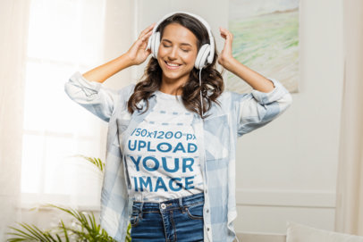 T-Shirt Mockup of a Woman Happily Listening to Music at Home 43895-r-el2
