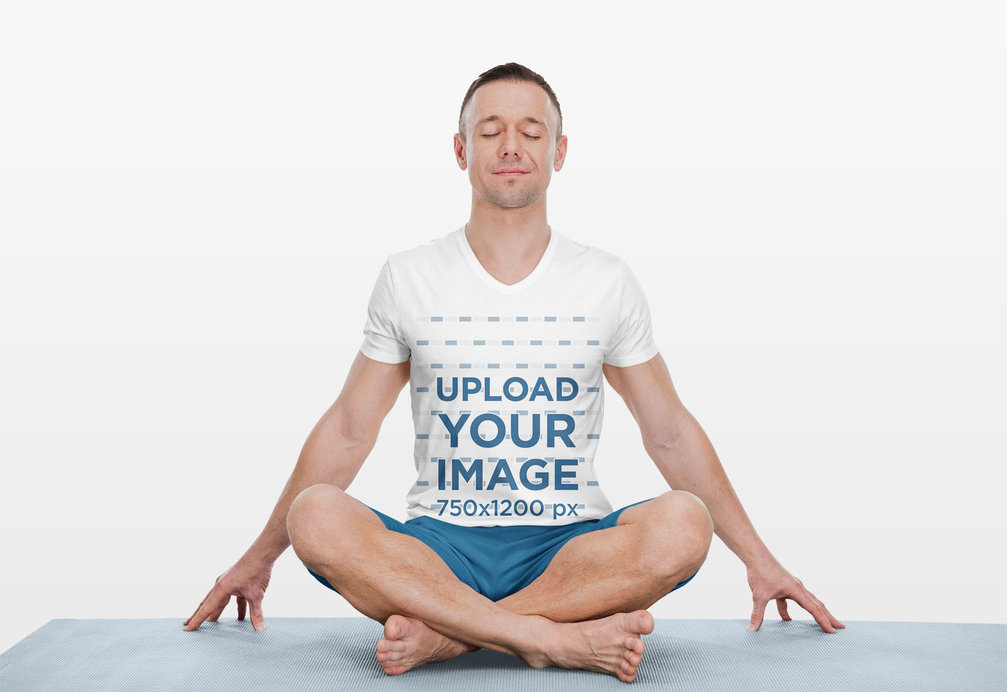 V-Neck Tee Mockup Featuring a Man in a Meditating Pose 
