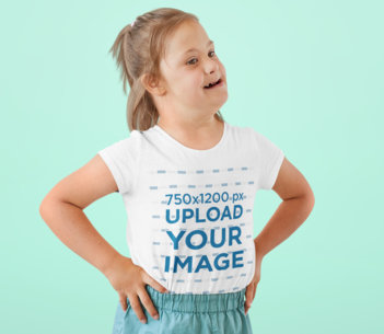 Mockup of a Girl Wearing a Basic Tee at a Studio
