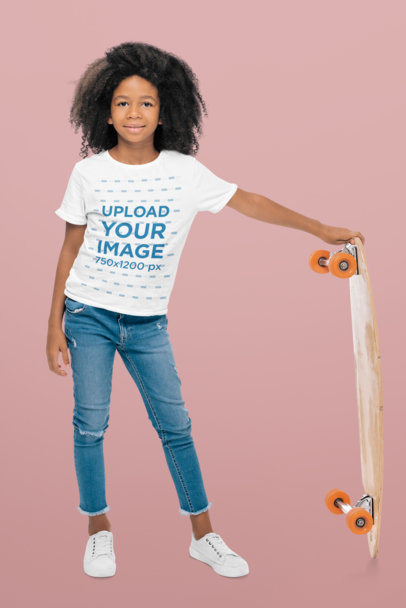 T-Shirt Mockup of a Little Skater Girl in a Studio