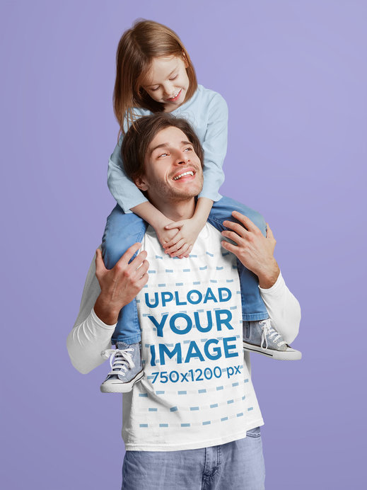 Long Sleeve Tee Mockup of a Man with His Little Daughter in a Studio