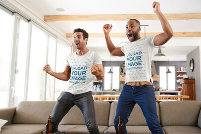 T-Shirt Mockup Featuring Two Friends Screaming in Front of the TV 
