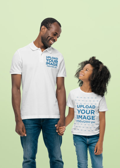 Polo Shirt and T-Shirt Mockup Featuring a Dad and His Daughter at a Studio