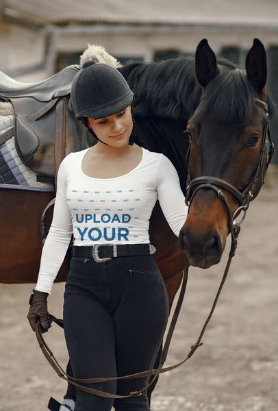 Long-Sleeve Tee Mockup Featuring a Professional Horseback Rider