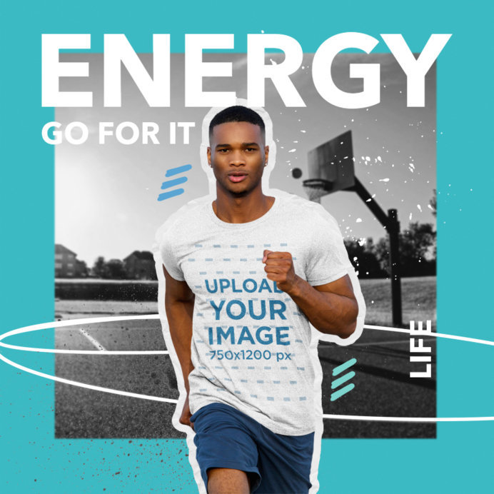 Collage-Style Mockup of a Man Wearing a Heather T-Shirt While Running 