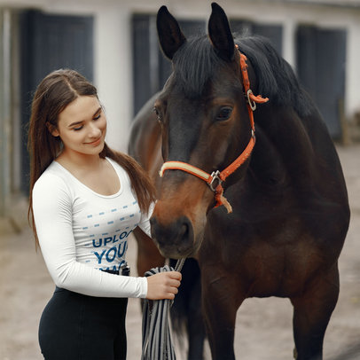 Long-Sleeve Tee Mockup of a Young Woman Petting a Horse