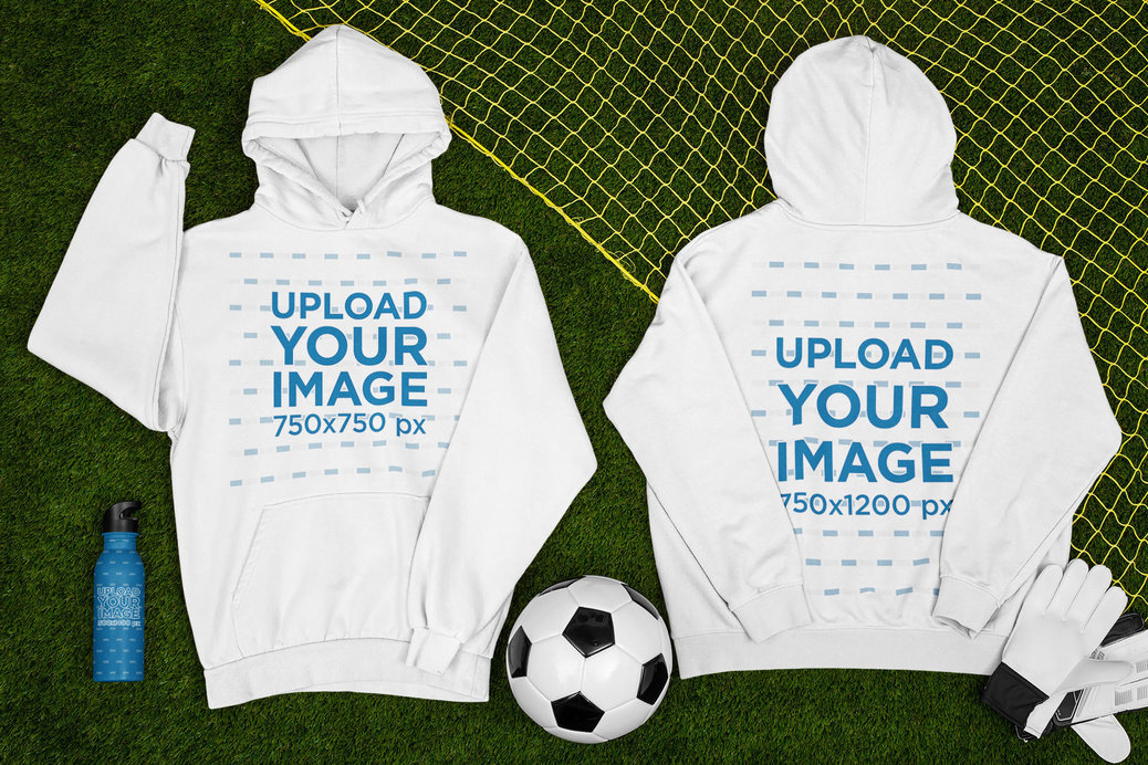 Hoodie Mockup Featuring a Customizable Aluminum Bottle and a Soccer Ball 