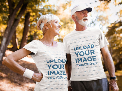 Activewear Mockup Featuring a Senior Couple Wearing T-Shirts 