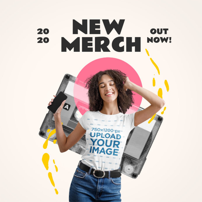 T-Shirt Mockup Featuring a Woman Listening to Music
