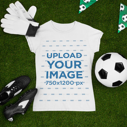 T-Shirt Mockup Featuring a Soccer Ball and Gloves