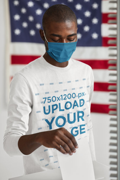 Long Sleeve T-Shirt Mockup Featuring a Man Placing His Vote on a Ballot 44290-r-el2