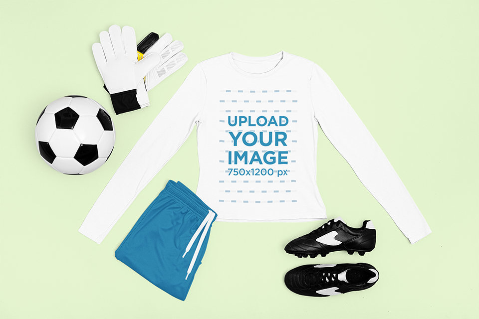 Long Sleeve Tee Mockup Featuring the Outfit of a Soccer Goalie