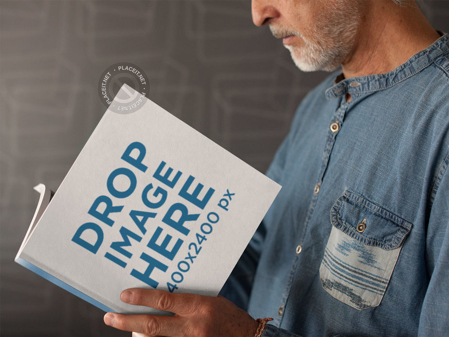 Elder Man Reading a Square Book While Near a Gray Wall Mockup