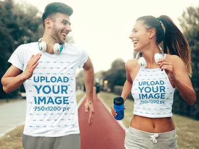 T-Shirt and Tank Top Mockup of a Man and a Woman Running Happily