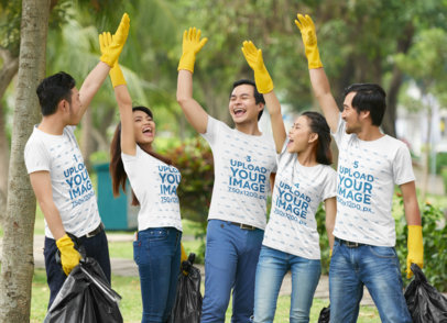 T-Shirt Mockup Featuring a Group of Joyful Friends Celebrating After Cleaning a Park 43263-r-el2