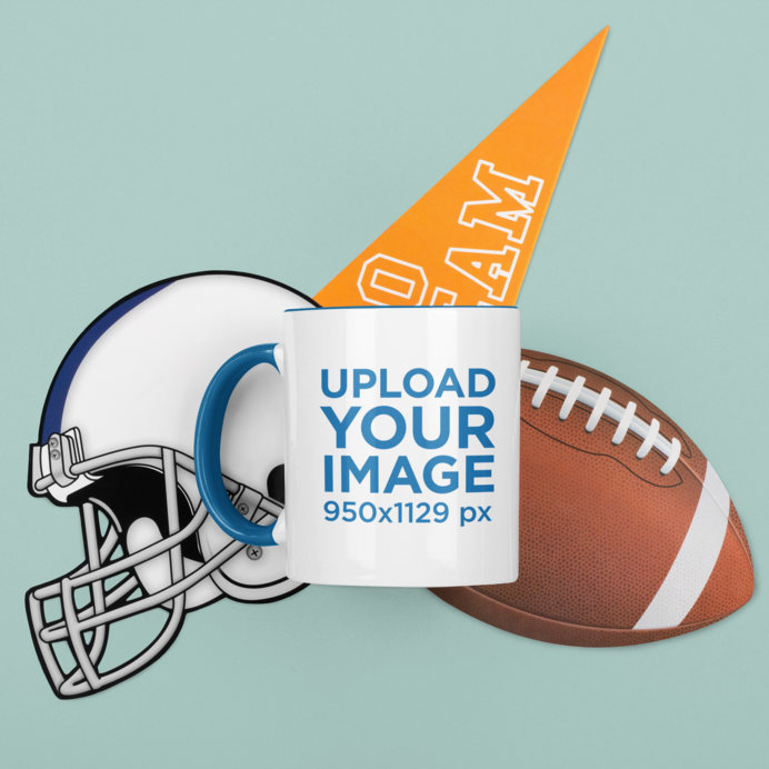 Mockup of an 11 oz Mug with a Colored Rim Featuring Football Paraphernalia