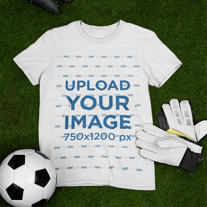Mockup of a T-Shirt Laid Flat Next to Some Soccer Equipment