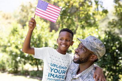 Patriotic T-Shirt Mockup Featuring a Boy with His Dad