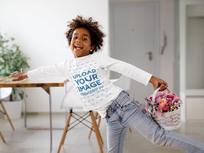 Long Sleeve Tee Mockup of a Happy Curly-Haired Girl Holding a Flower Basket 