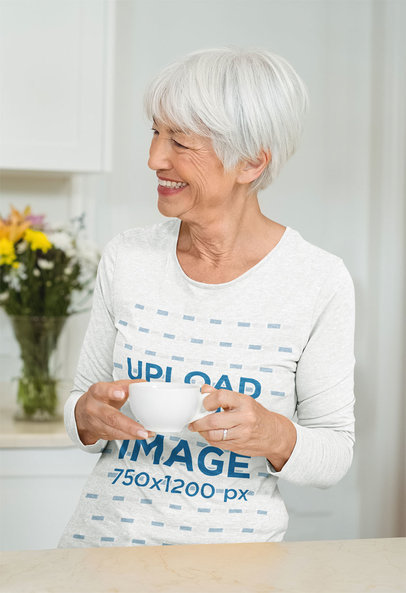 Long Sleeve Tee Mockup Featuring a Smiling Elderly Lady with a Cup 41634-r-el2