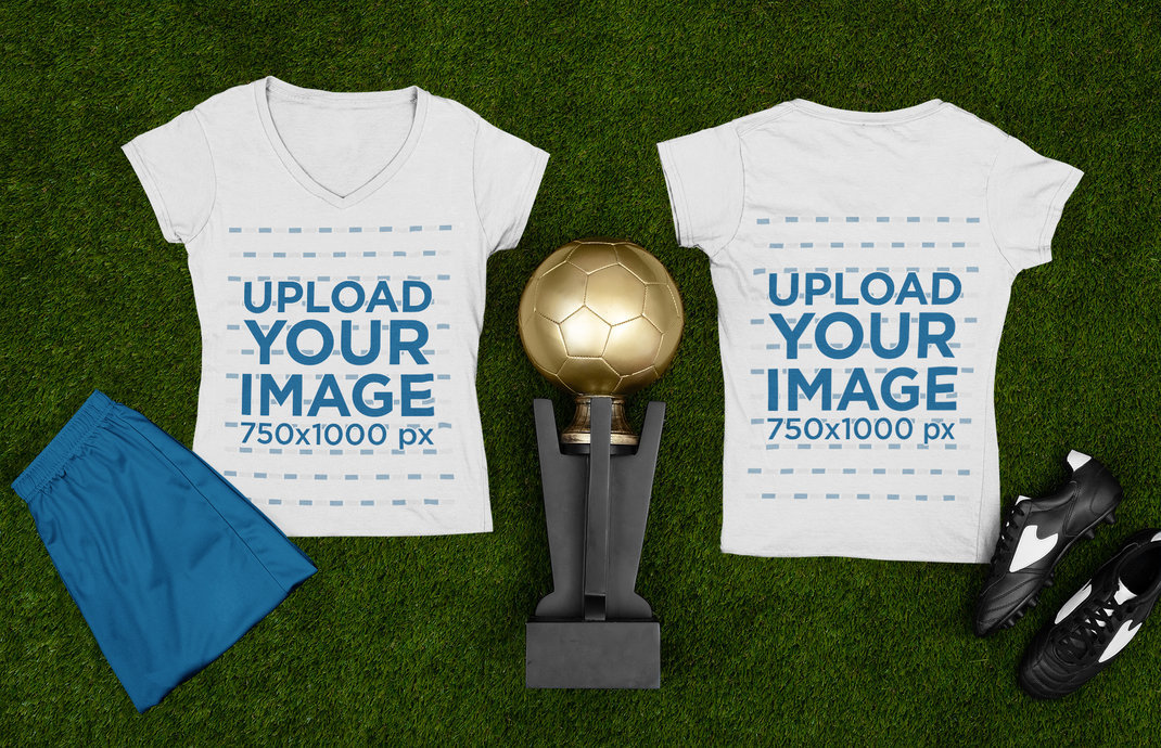 Mockup Featuring Both Sides of a Soccer T-Shirt and a Trophy 