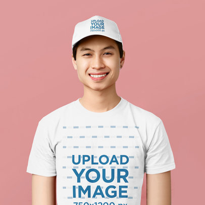 Mockup of a Man Wearing a Dad Hat and a T-Shirt at a Studio