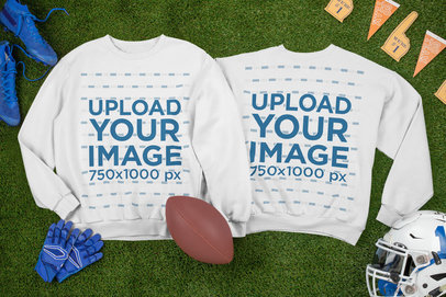 Mockup of Two Crewneck Sweatshirts Laid Next to Football Equipment m327