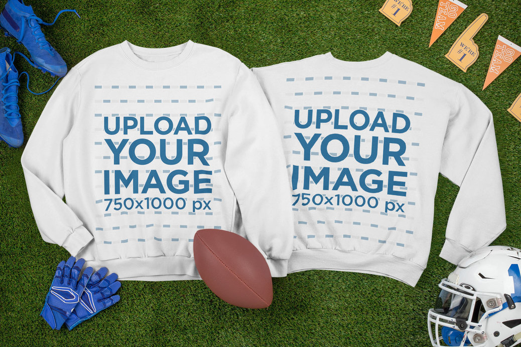 Mockup of Two Crewneck Sweatshirts Laid Next to Football Equipment 
