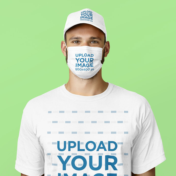 Dad Hat and Face Mask Mockup of a Man Wearing a T-Shirt 