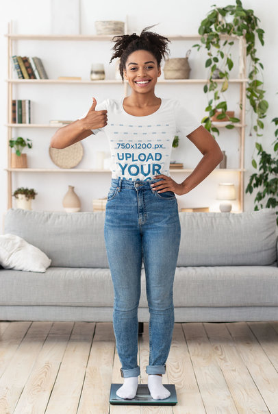 T-Shirt Mockup of a Woman Checking Her Weight