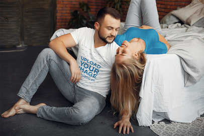 V-Neck Tee Mockup Featuring a Man with His Girlfriend 
