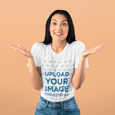T-Shirt Mockup of a Woman Shrugging at a Studio