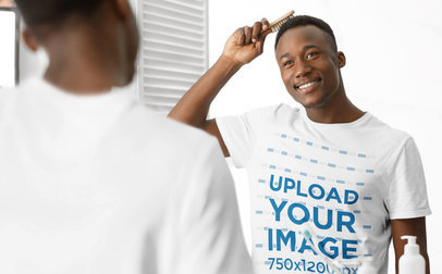 T-Shirt Mockup of a Smiling Man Brushing His Hair 