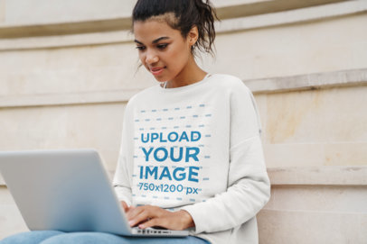 Crewneck Sweatshirt Mockup of a Young Woman Using a Computer