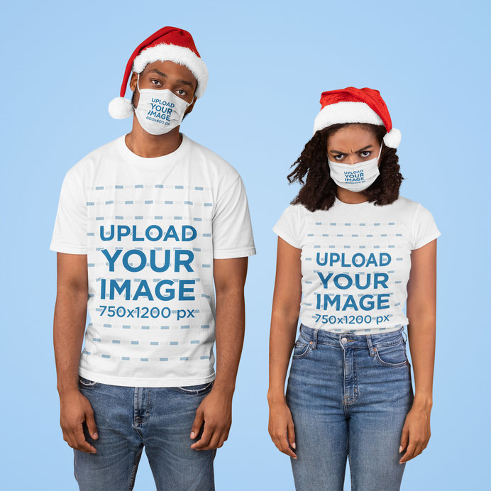 Face Mask and T-Shirt Mockup of a Couple Wearing Christmas Hats