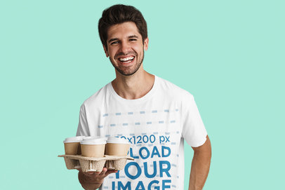 T-Shirt Mockup of a Happy Man Delivering Coffee