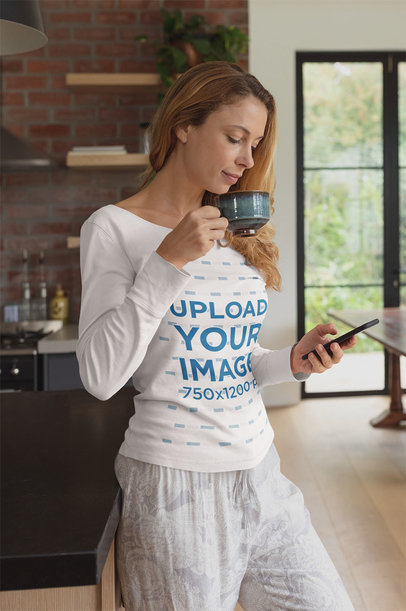 Long Sleeve Tee Mockup Featuring a Woman Drinking a Morning Coffee 41638-r-el2