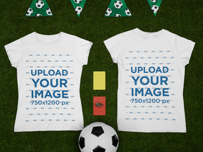 Both Sides-View Mockup of a Round Neck T-Shirt by a Soccer Ball