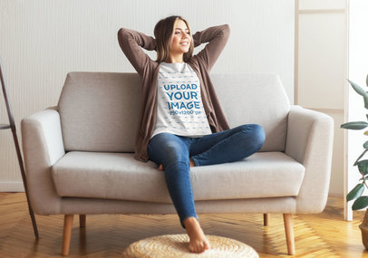 Mockup of a Woman with a T-Shirt Enjoying an Evening at Home 44407-r-el2
