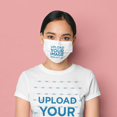 T-Shirt and Face Mask Mockup Featuring a Young Woman in a Studio
